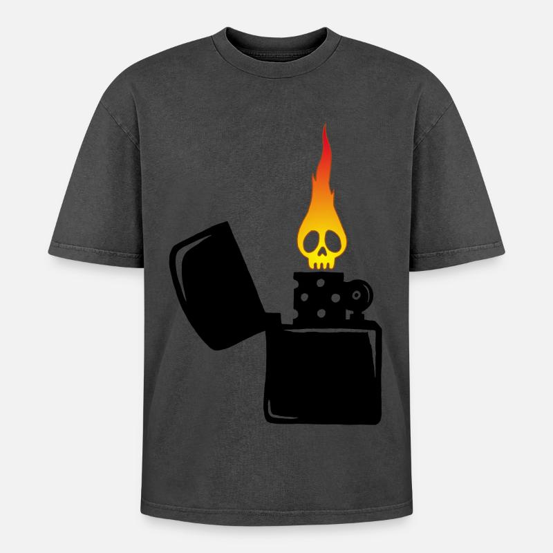 flaming skull and black lighter - Oversized Unisex Premium Acid-Washed T-Shirt - undefined