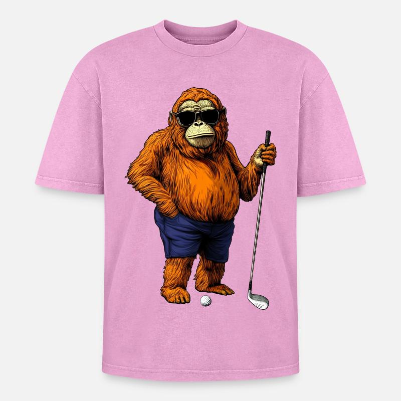 Monkey Golfer - Oversized Unisex Premium Acid-Washed T-Shirt - acid washed pink