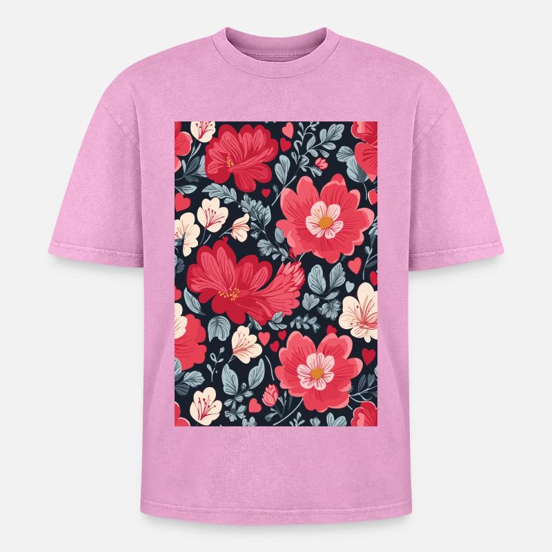 Floral Pattern - Oversized Unisex Premium Acid-Washed T-Shirt - acid washed pink