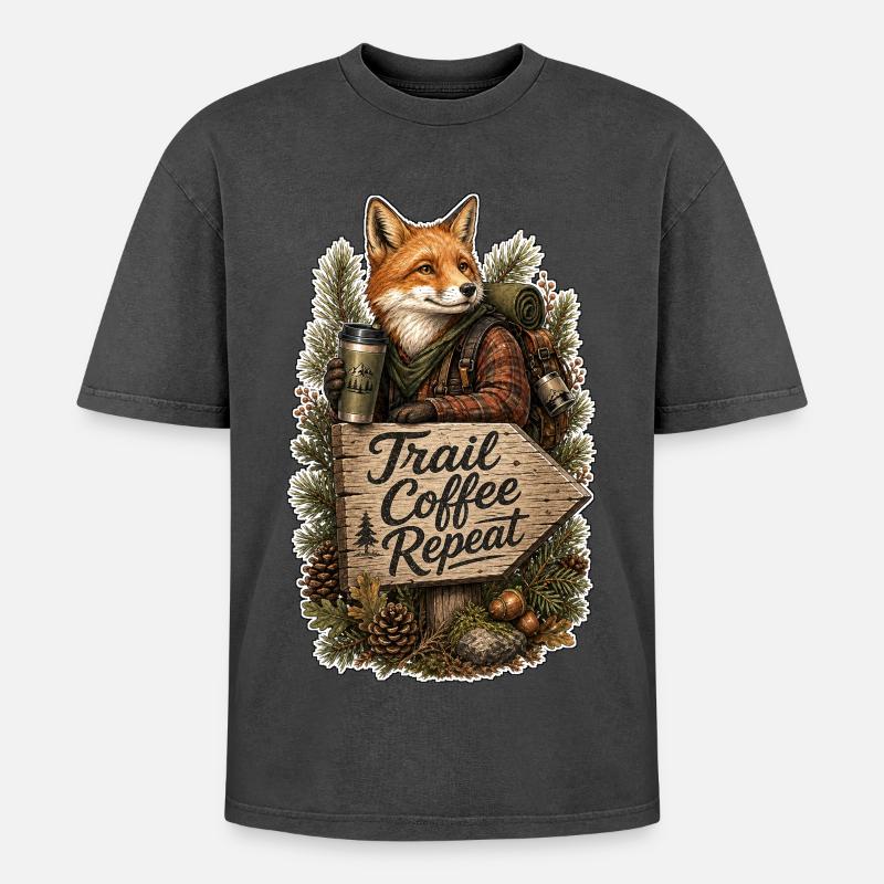Trail Coffee Repeat Fox - Oversized Unisex Premium Acid-Washed T-Shirt - undefined