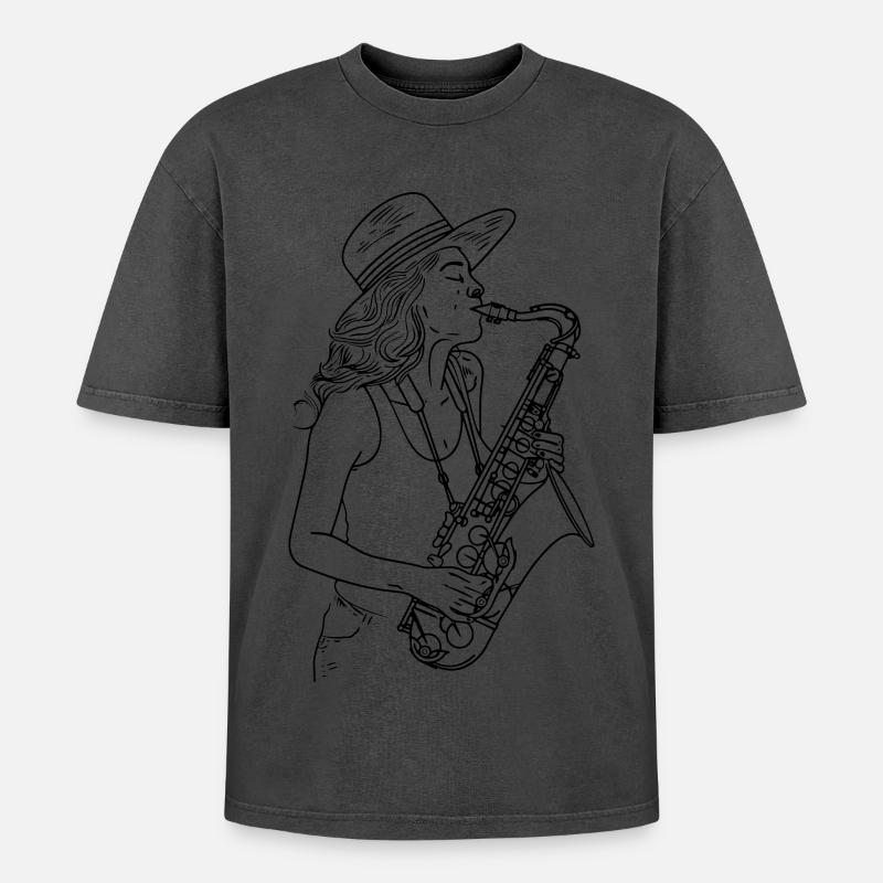 Saxophone Player Drawing - Oversized Unisex Premium Acid-Washed T-Shirt - undefined