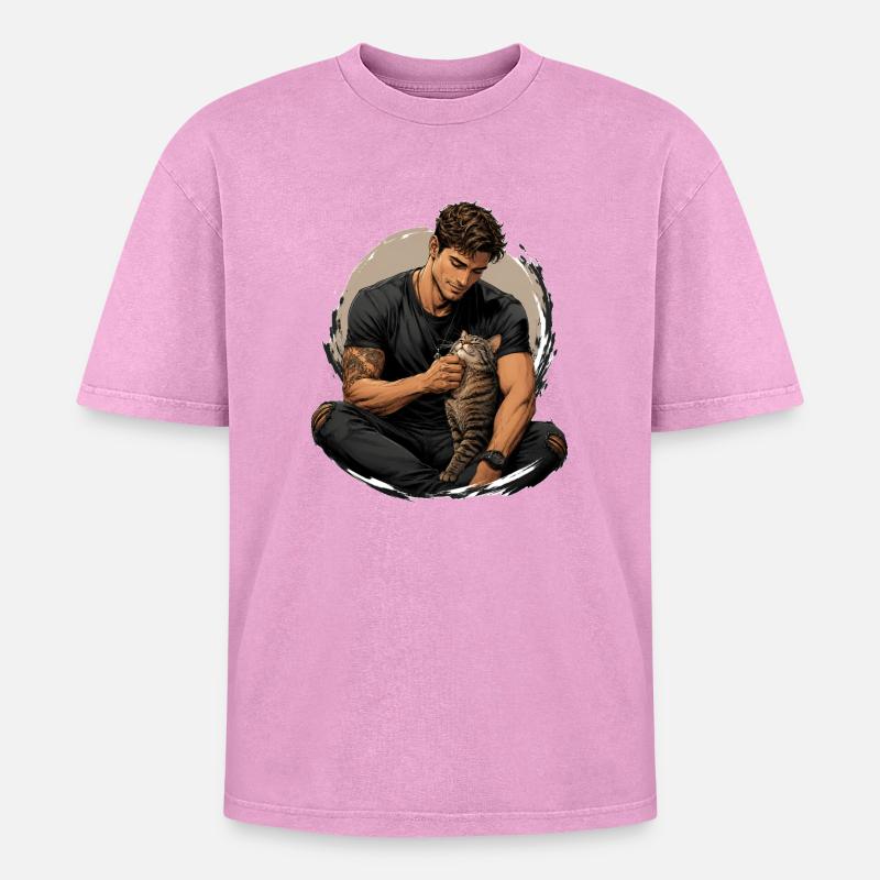 Mann mit Katze: stille Nähe - Oversized Unisex Premium Acid-Washed T-Shirt - Pink Acid Wash