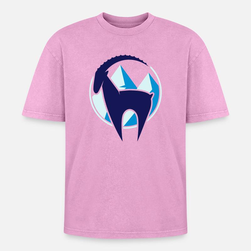 Steinbock und Gebirge Button - Oversized Unisex Premium Acid-Washed T-Shirt - Pink Acid Wash
