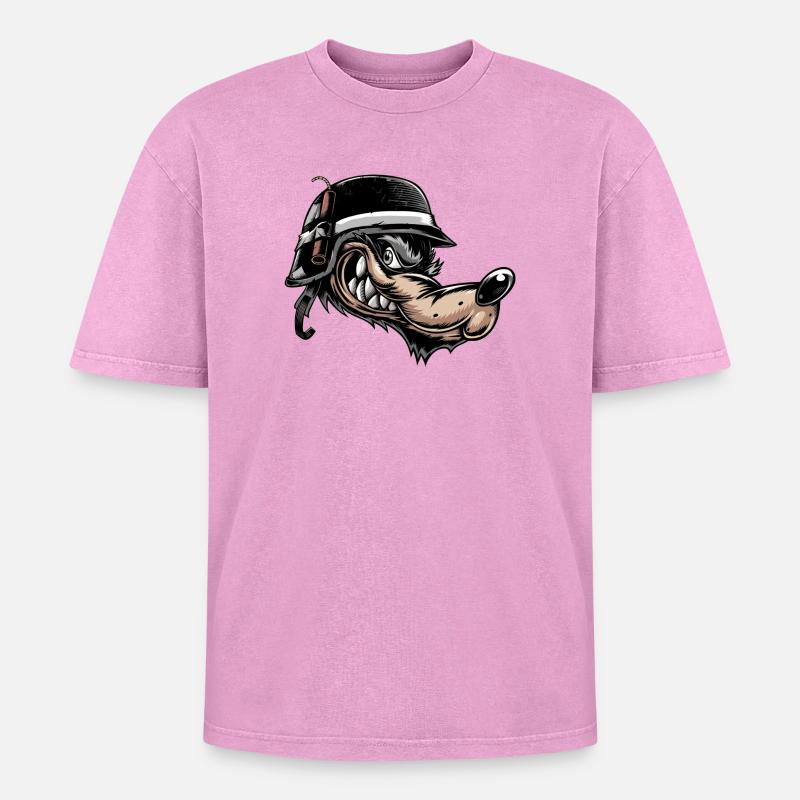 Grimmiger Comic-Wolf mit Helm - Oversized Unisex Premium Acid-Washed T-Shirt - Pink Acid Wash