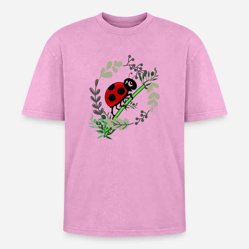 Marienkäfer Botanik Comicstyle - Oversized Unisex Premium Acid-Washed T-Shirt - Pink Acid Wash