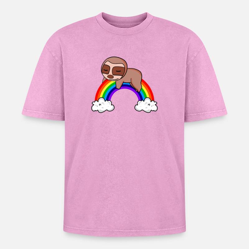 Rainbow Sloth - Oversized Unisex Premium Acid-Washed T-Shirt - acid washed pink