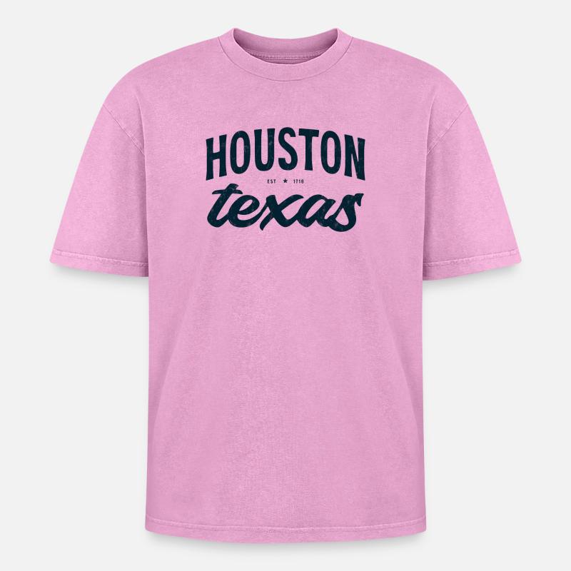 Houston Texas Script Emblem Tee - Oversized Unisex Premium Acid-Washed T-Shirt - acid washed pink