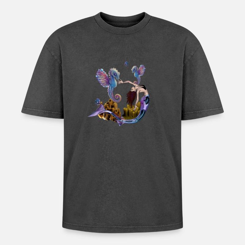Wunderbare Meerjungfrau mit Seepferdchen - Oversized Unisex Premium Acid-Washed T-Shirt - Pink Acid Wash