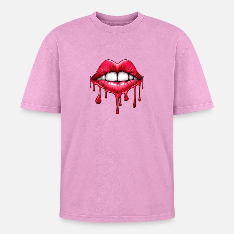 Lips - Oversized Unisex Premium Acid-Washed T-Shirt - acid washed pink