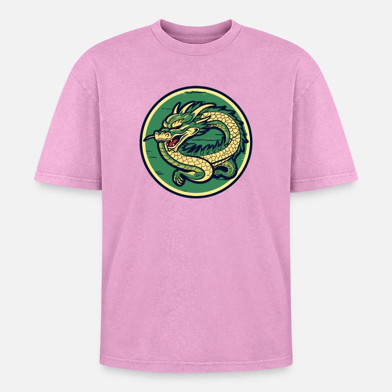 Dragon Crest Circle Patch - Oversized Unisex Premium Acid-Washed T-Shirt - acid washed pink