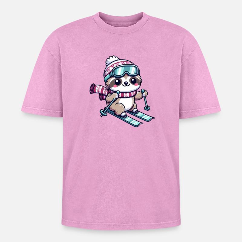 Cute Comic Sloth Skiing - Oversized Unisex Premium Acid-Washed T-Shirt - acid washed pink