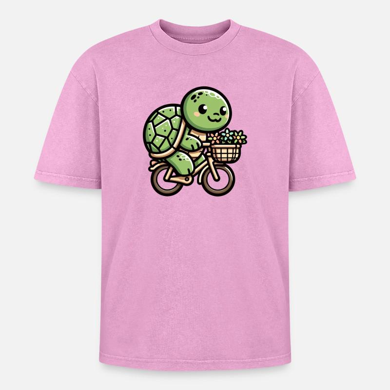 Cute Turtle Bicycle Design - Oversized Unisex Premium Acid-Washed T-Shirt - acid washed pink