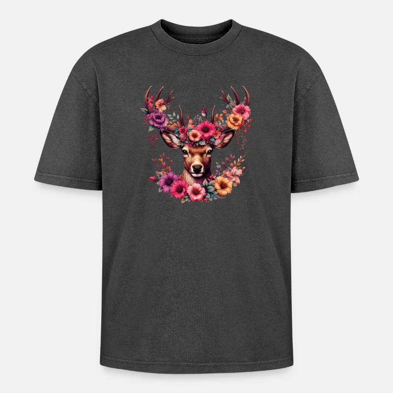 Hirsch mit Blumen - Oversized Unisex Premium Acid-Washed T-Shirt - undefined