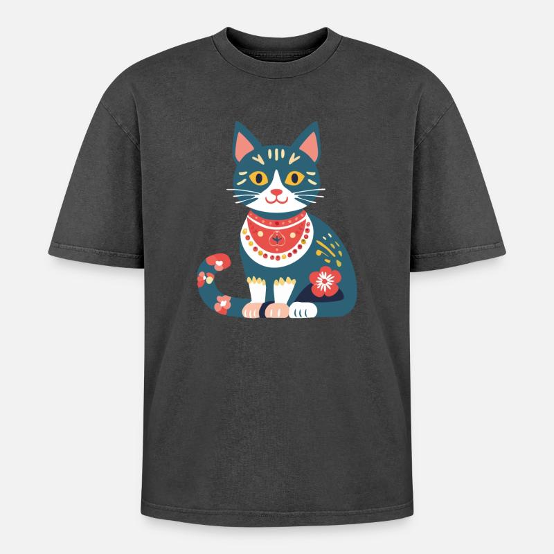 süße Folklore-Katze - Oversized Unisex Premium Acid-Washed T-Shirt - undefined