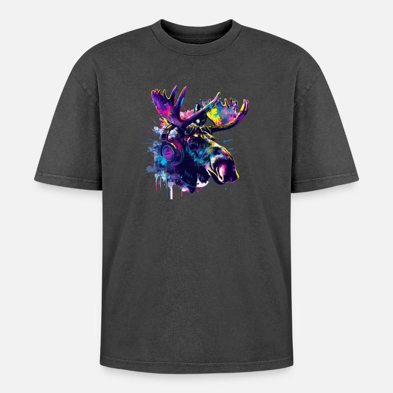 Elch Elche Elchkopf mit Kopfhörer - Oversized Unisex Premium Acid-Washed T-Shirt - undefined