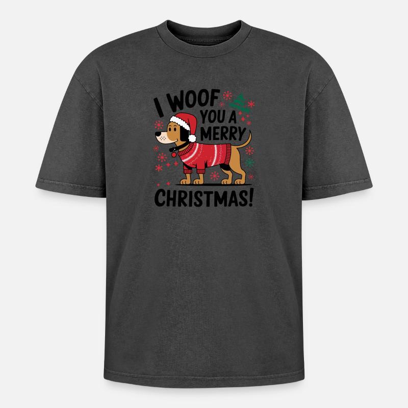 Festlicher Hund im Weihnachtspullover - Oversized Unisex Premium Acid-Washed T-Shirt - undefined