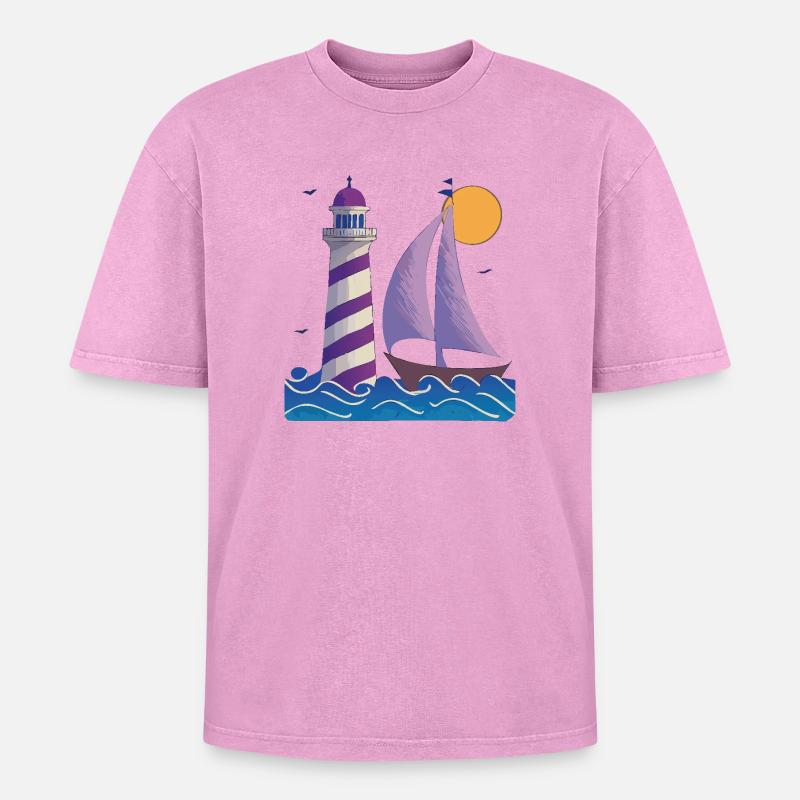 Leuchtturm mit Boot - Oversized Unisex Premium Acid-Washed T-Shirt - Pink Acid Wash