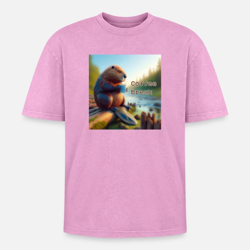 Biber Kaffeepause - Oversized Unisex Premium Acid-Washed T-Shirt - Pink Acid Wash