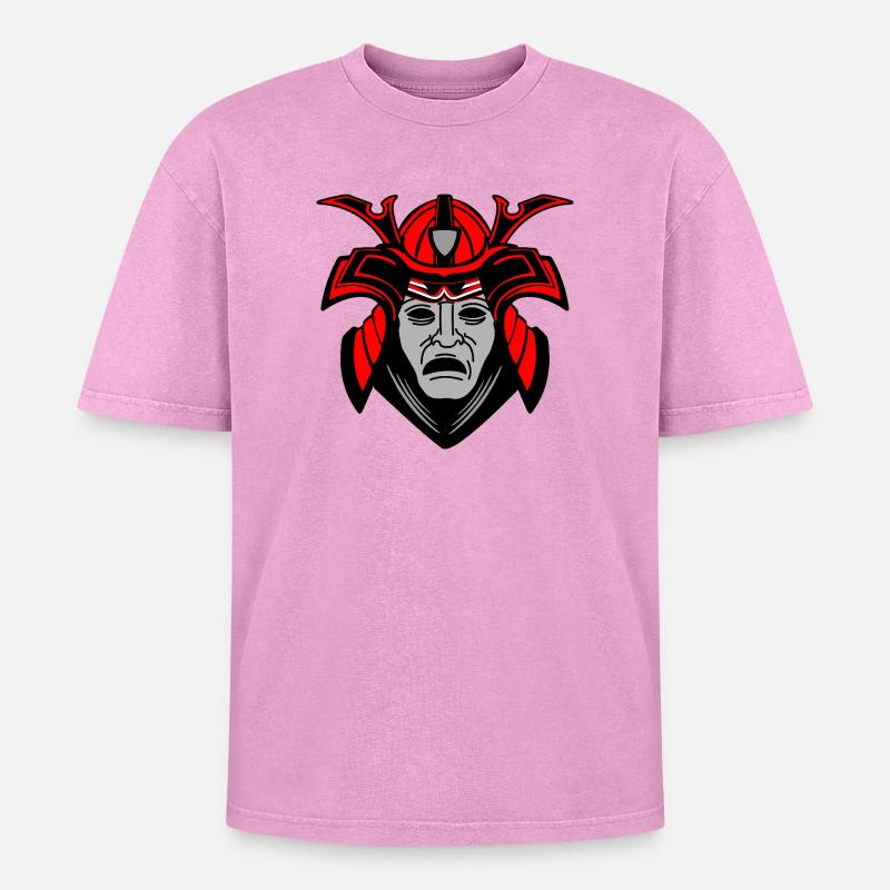 Düsteres Samurai-Gesicht mit Helm - Oversized Unisex Premium Acid-Washed T-Shirt - Pink Acid Wash