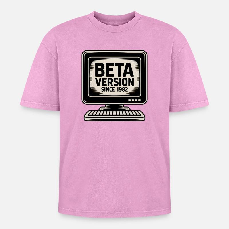 Retro Computer Beta Version Design - Oversized Unisex Premium Acid-Washed T-Shirt - Pink Acid Wash