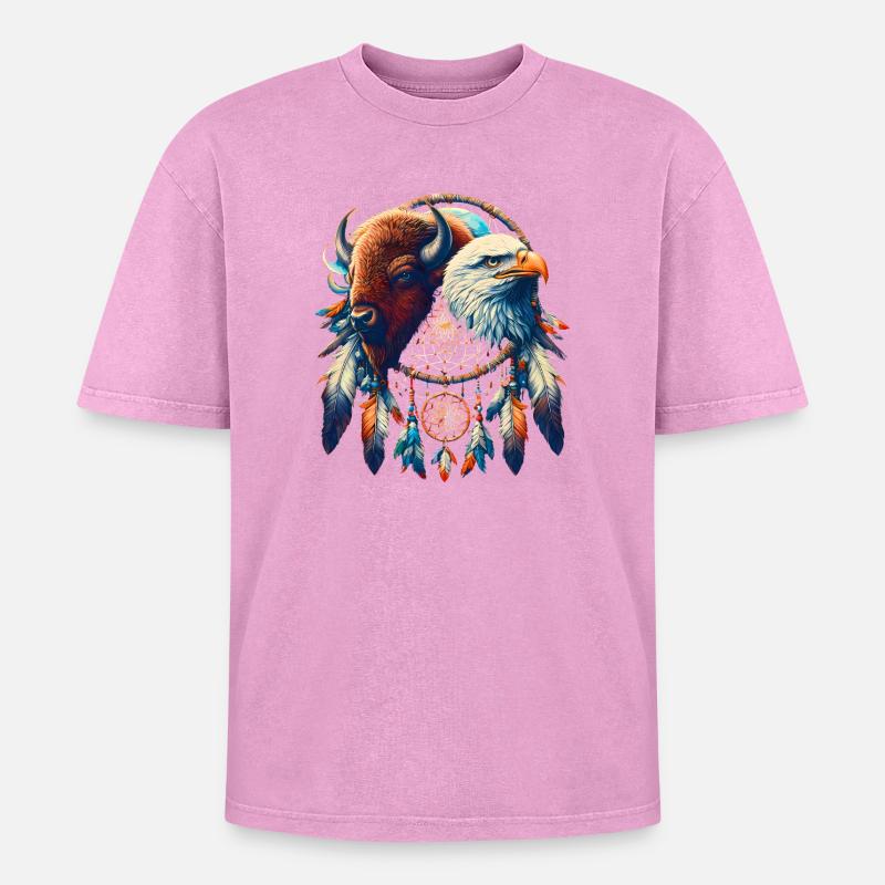 Falke und ätherisches Büffel-Mandala - Oversized Unisex Premium Acid-Washed T-Shirt - Pink Acid Wash