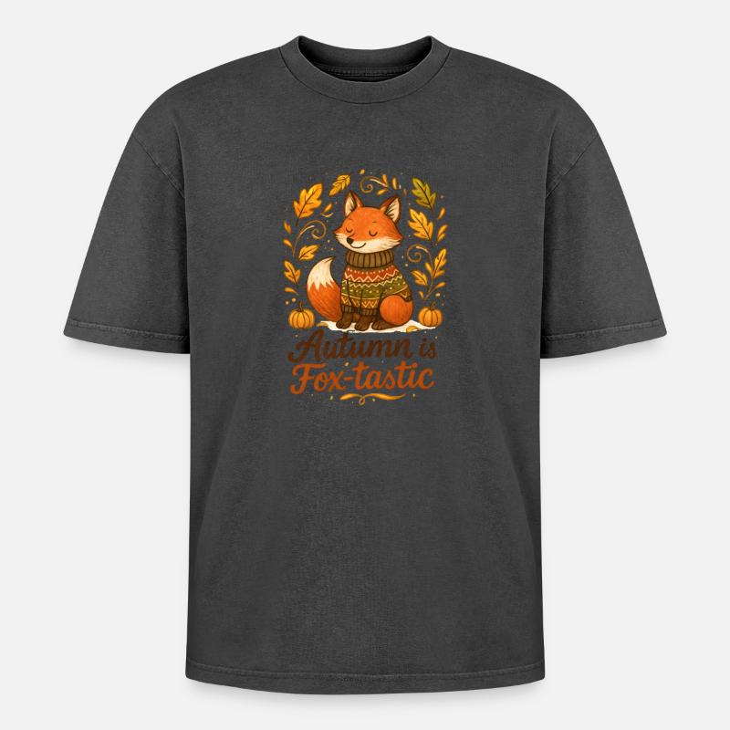 Herbstlicher Fuchs mit Pullover und Kürbissen - Oversized Unisex Premium Acid-Washed T-Shirt - Pink Acid Wash