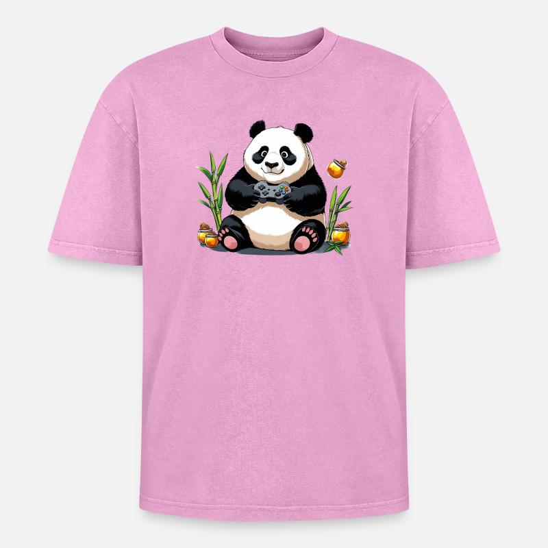 Chill Panda mit Gaming Controller - Oversized Unisex Premium Acid-Washed T-Shirt - Pink Acid Wash