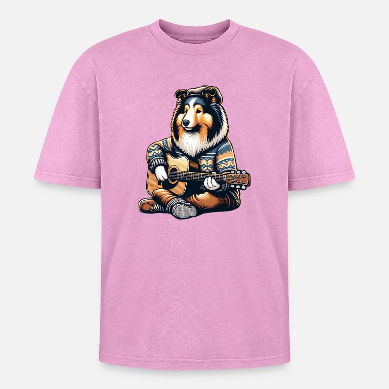 Collie Mit Akustikgitarre Im Strickpullover - Oversized Unisex Premium Acid-Washed T-Shirt - Pink Acid Wash