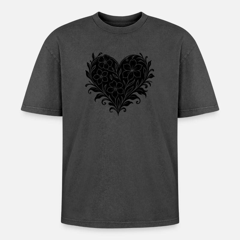 Plakatives Blumenherz, Blumenmuster mit Herz - Oversized Unisex Premium Acid-Washed T-Shirt - undefined