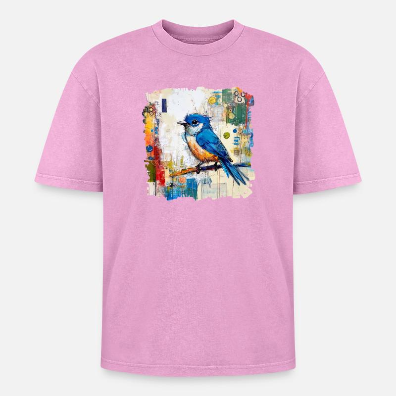 Blauer Vogel im abstrakten Farbmeer - Oversized Unisex Premium Acid-Washed T-Shirt - Pink Acid Wash