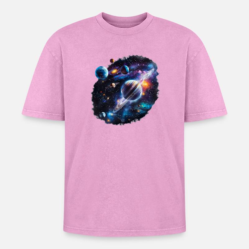 Galactic Planetary System Pattern - Oversized Unisex Premium Acid-Washed T-Shirt - acid washed pink