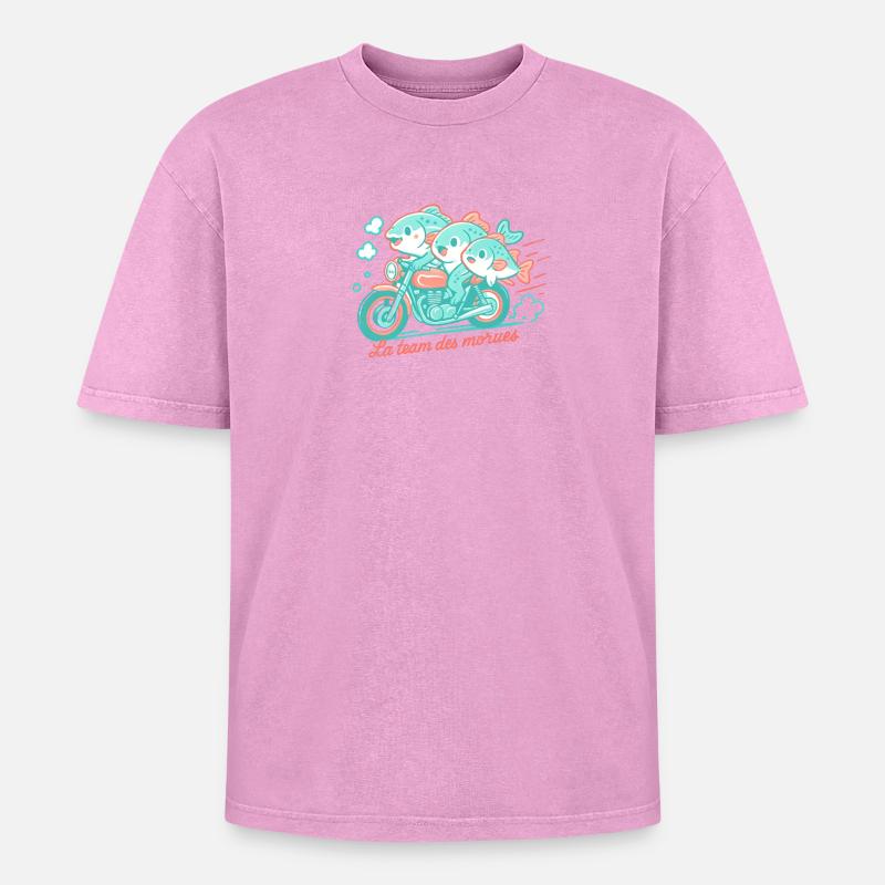 Turquoise cod on a motorcycle - Oversized Unisex Premium Acid-Washed T-Shirt - acid washed pink