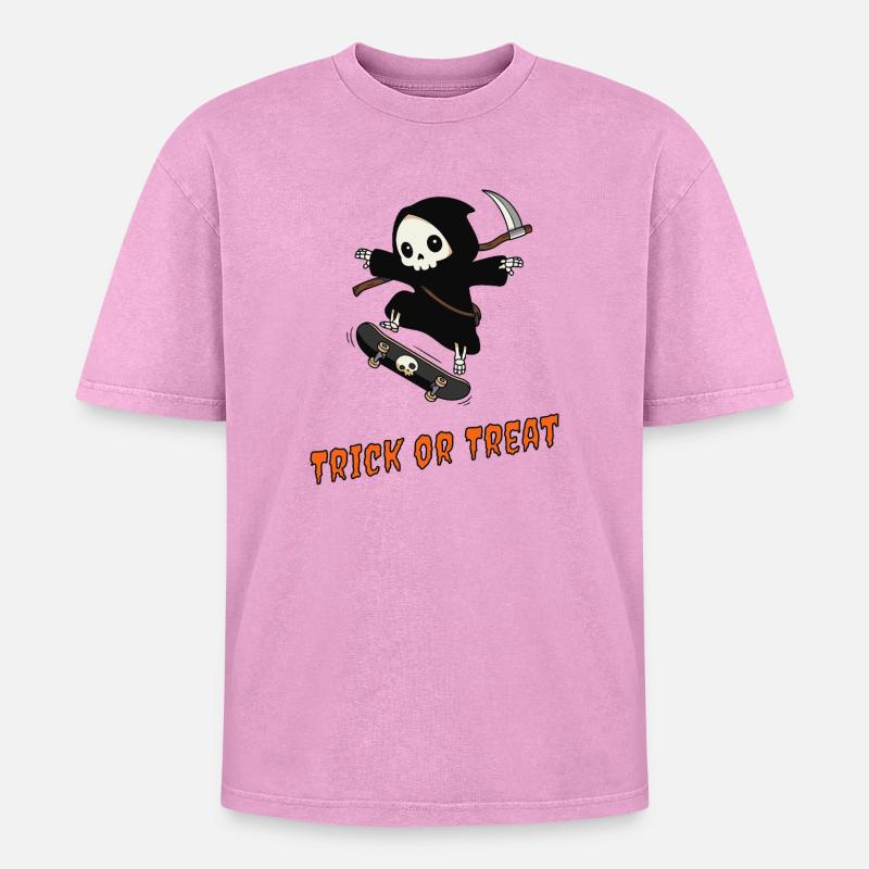 Süßes oder Saures – Skater Reaper - Oversized Unisex Premium Acid-Washed T-Shirt - Pink Acid Wash