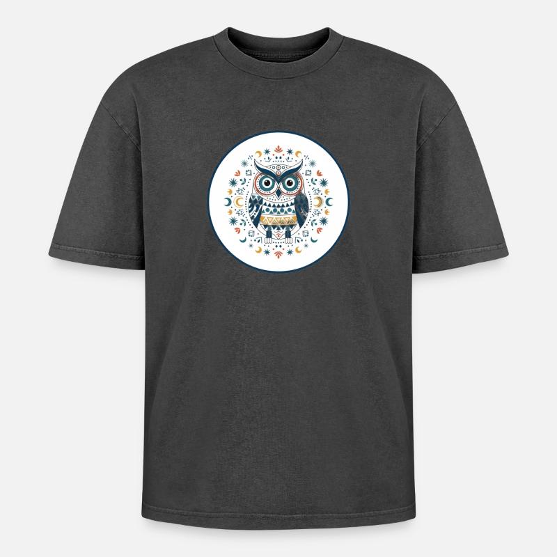 Tawny Owl Mandala Pattern - Oversized Unisex Premium Acid-Washed T-Shirt - undefined