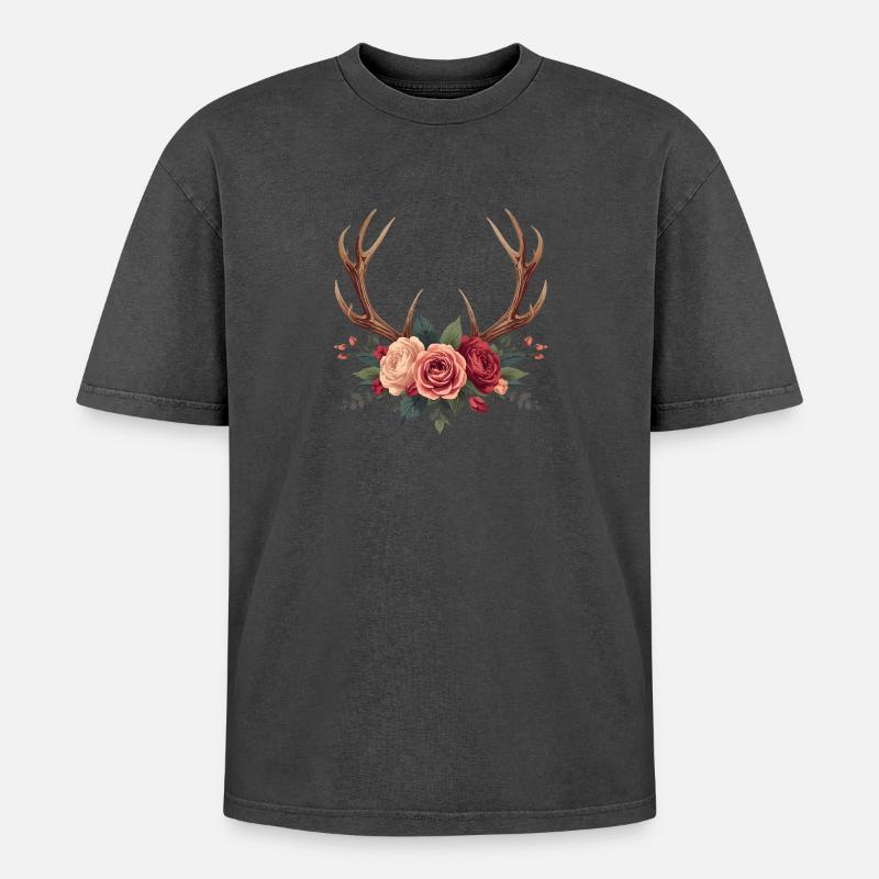 Hirschgeweih & Rosen - Boho Nature Design - Oversized Unisex Premium Acid-Washed T-Shirt - undefined