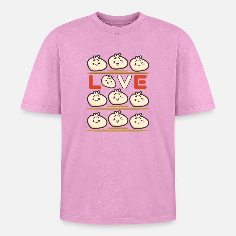 Dumpling Love Pattern - Oversized Unisex Premium Acid-Washed T-Shirt - acid washed pink