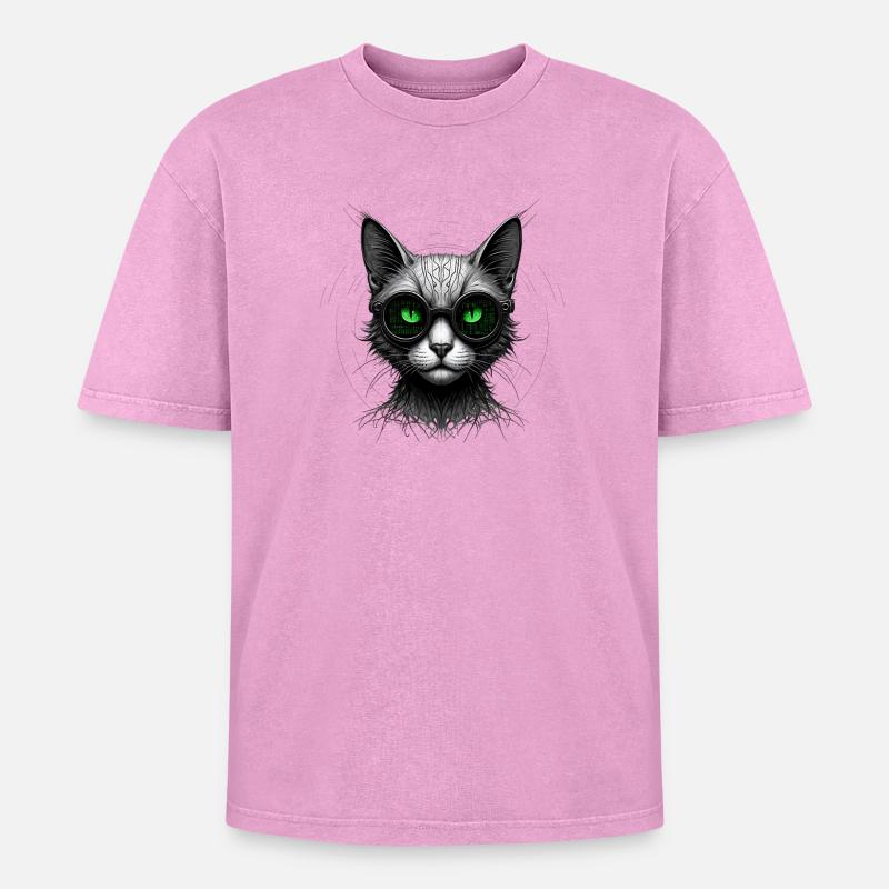 Green Eyes Computer Coder Geek Cat - Oversized Unisex Premium Acid-Washed T-Shirt - acid washed pink