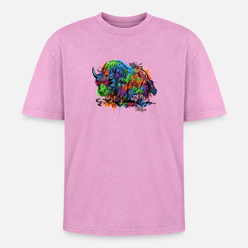 Regenbogenyak Graffiti Muster - Oversized Unisex Premium Acid-Washed T-Shirt - Pink Acid Wash