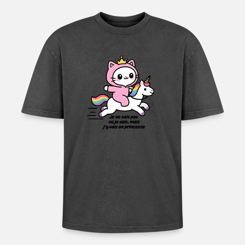 Rosa Katze auf Regenbogen-Einhorn - Oversized Unisex Premium Acid-Washed T-Shirt - undefined