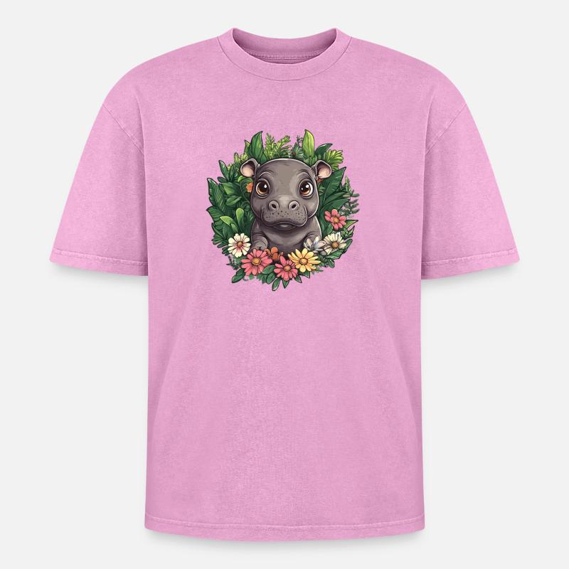 Nilpferd im Blumengarten - Oversized Unisex Premium Acid-Washed T-Shirt - Pink Acid Wash