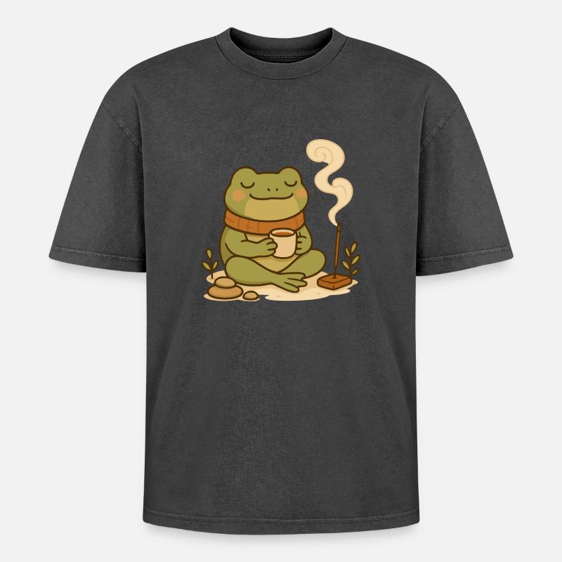 Achtsamer Frosch mit Tee & Räucherstäbchen - Oversized Unisex Premium Acid-Washed T-Shirt - undefined