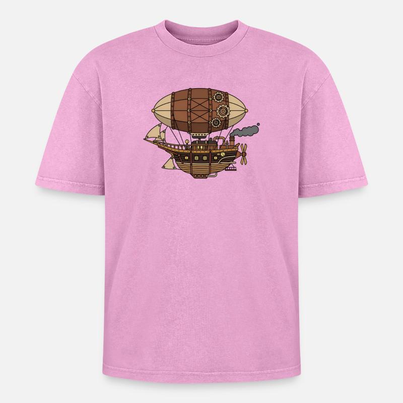 Dirigeable steampunk - T-shirt Premium unisexe oversize acid-washed - rose délavé acide