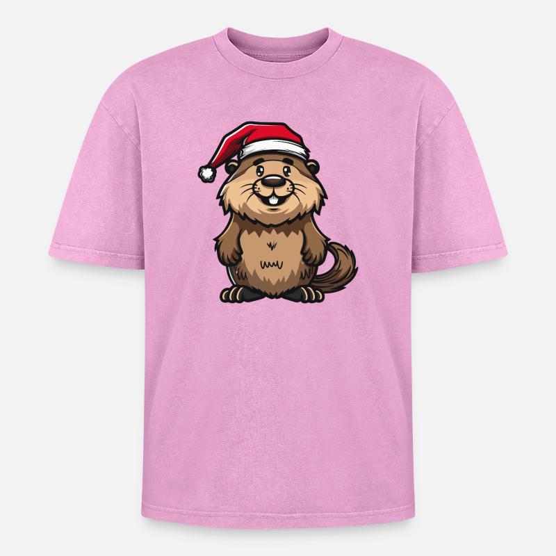 Beaver Christmas - Oversized Unisex Premium Acid-Washed T-Shirt - acid washed pink