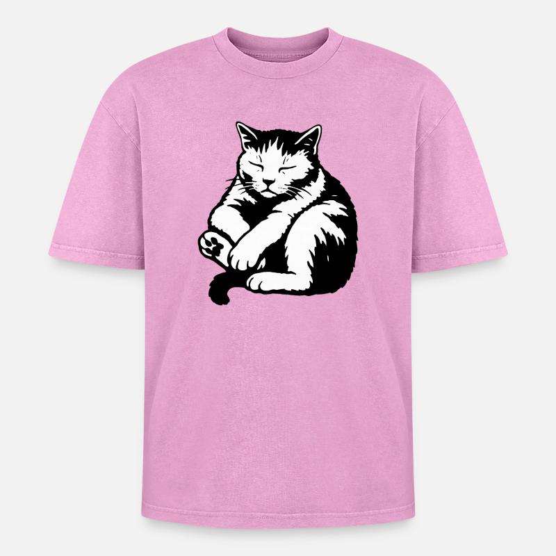Sleeping Cat Silhouette - Oversized Unisex Premium Acid-Washed T-Shirt - acid washed pink