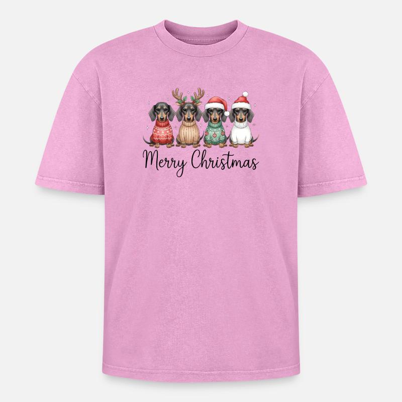 Vier Dackel, Dachshunde in Weihnachtspullover - Oversized Unisex Premium Acid-Washed T-Shirt - Pink Acid Wash