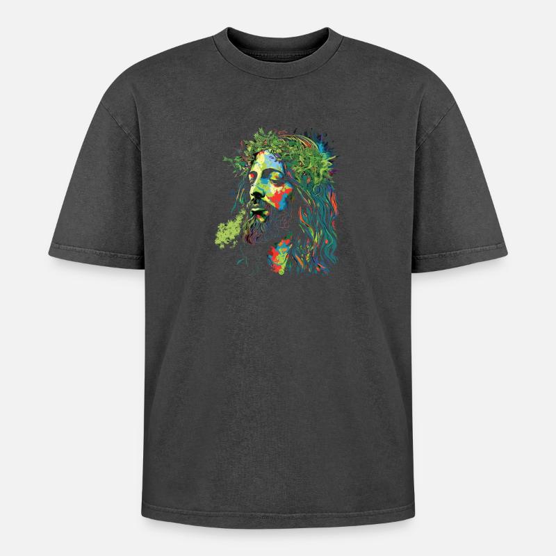 Jesus Rastafari Farbexplosion - Oversized Unisex Premium Acid-Washed T-Shirt - undefined