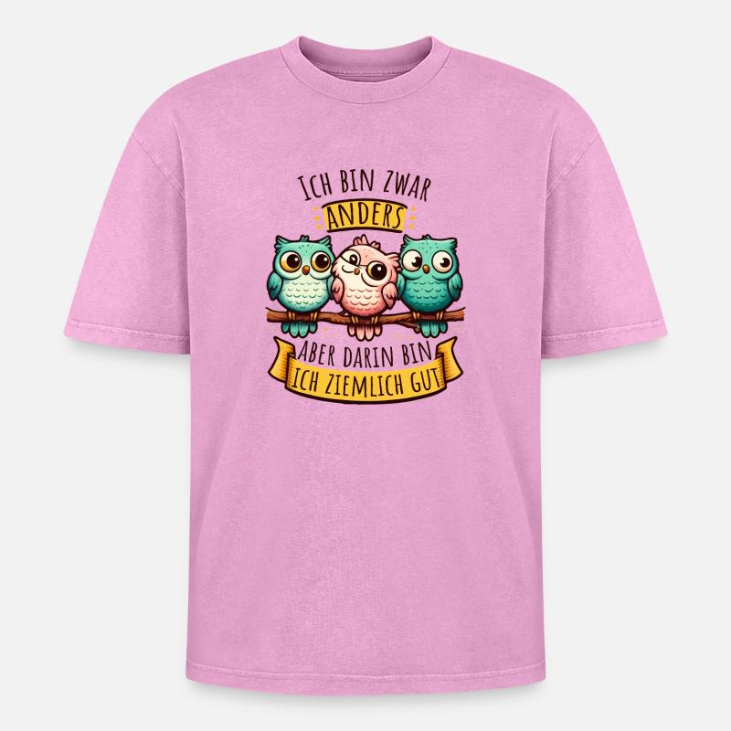 Anderssein – Eulen mit Spruch & Persönlichkeit - Oversized Unisex Premium Acid-Washed T-Shirt - Pink Acid Wash