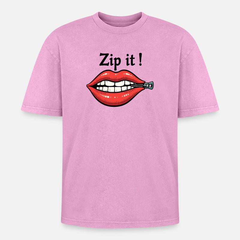 Zip It Lips - Oversized Unisex Premium Acid-Washed T-Shirt - acid washed pink