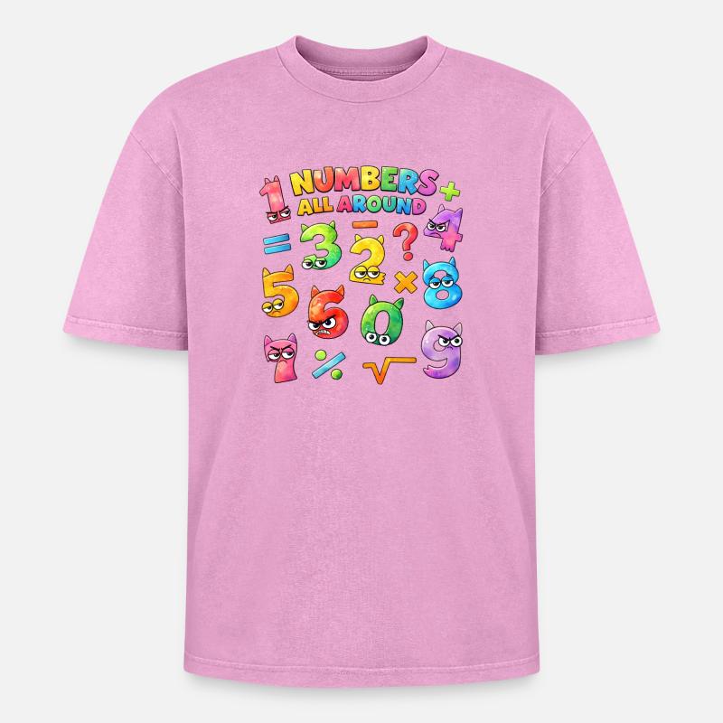 Rainbow Math Faces & Numbers - Oversized Unisex Premium Acid-Washed T-Shirt - acid washed pink