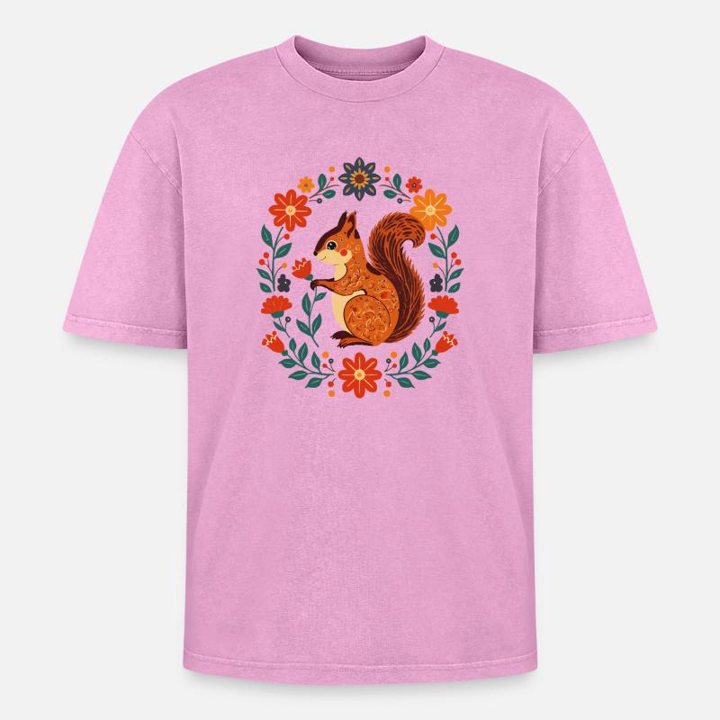 Blumenkranz-Eichhörnchen - Oversized Unisex Premium Acid-Washed T-Shirt - Pink Acid Wash